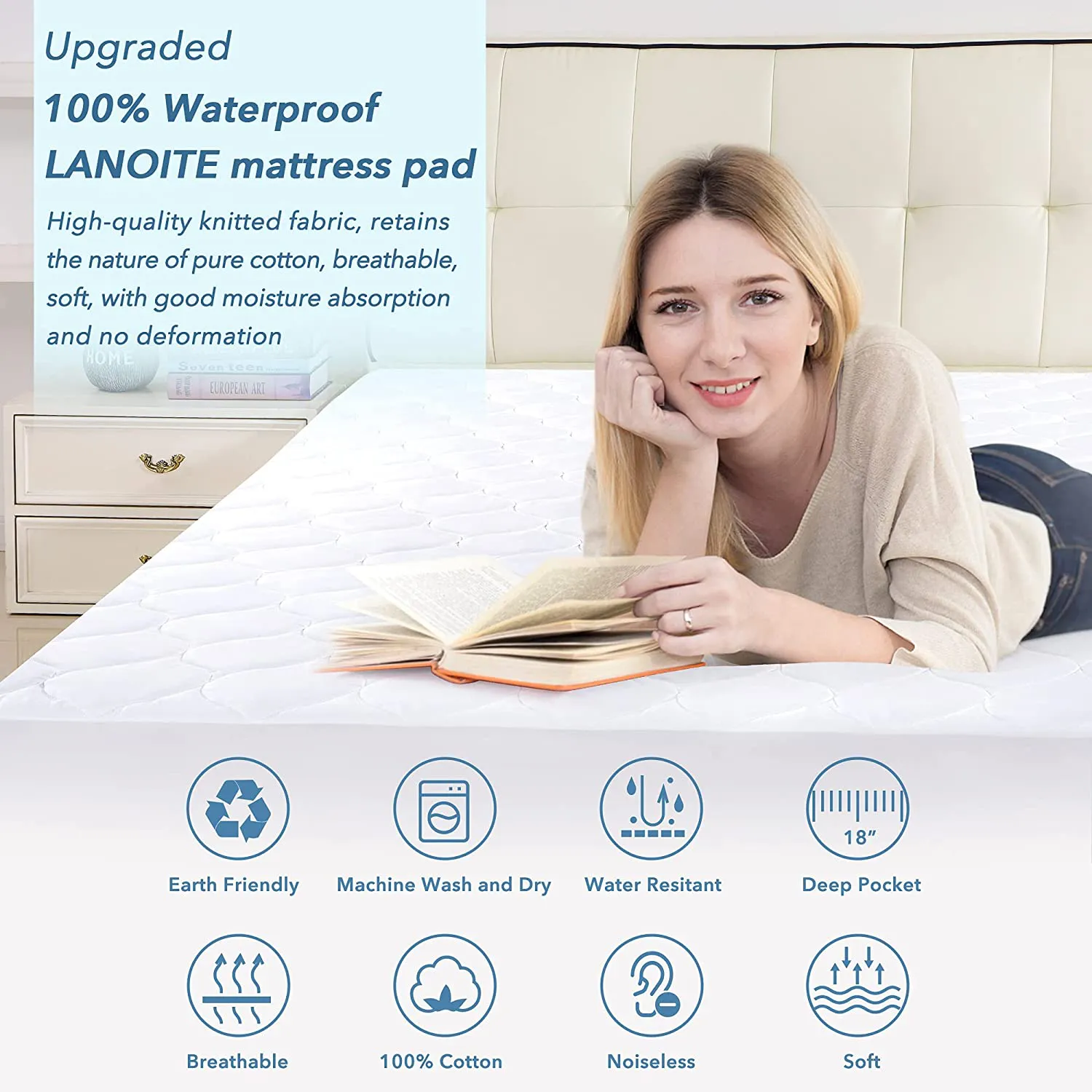 LANOITE Twin Waterproof Mattress Protector Pad Cover with Deep Pocket Fitted 8 - 21 Breathable Alternative Filling (White, Twin)