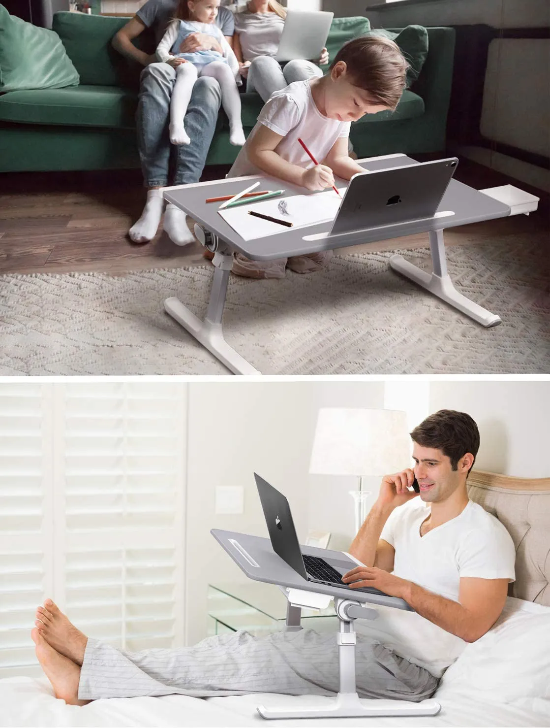 Laptop Bed Tray Desk Adjustable Laptop Stand for Bed, Foldable Laptop Table with Storage Drawer for Eating, Working, Writing, Gaming, Drawing