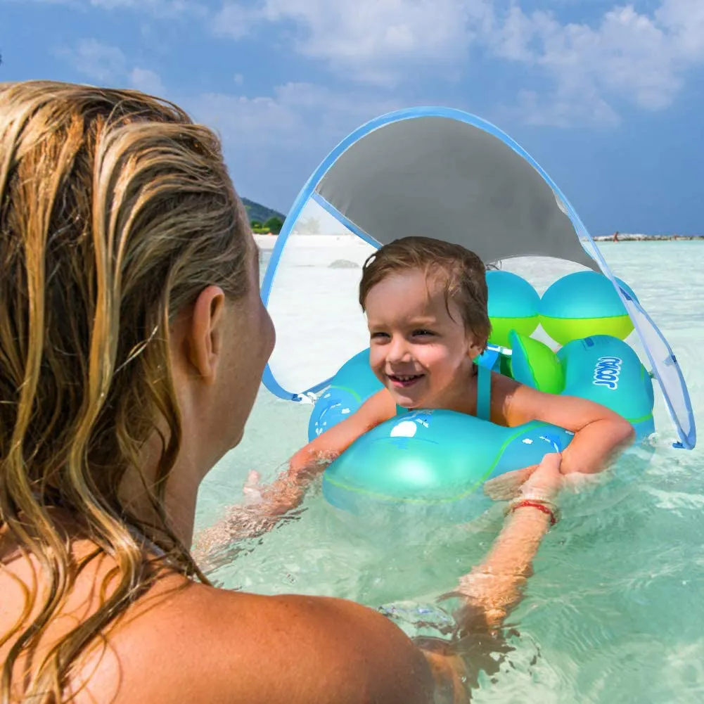 LAYCOL Baby Swimming Pool Float with Removable UPF 50  UV Sun Protection Canopy,Toddler Inflatable Pool Float for Age of 3-36 Months,Swimming Trainer (Blue, S)