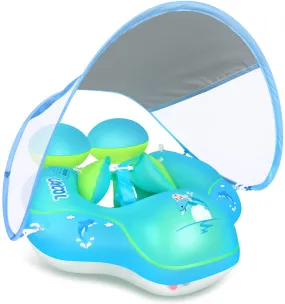 LAYCOL Baby Swimming Pool Float with Removable UPF 50  UV Sun Protection Canopy,Toddler Inflatable Pool Float for Age of 3-36 Months,Swimming Trainer (Blue, S)