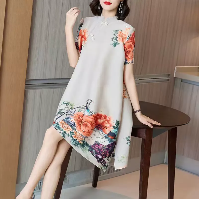 (M-3XL) Plus Size Printed A Line Loose Qipao Dress