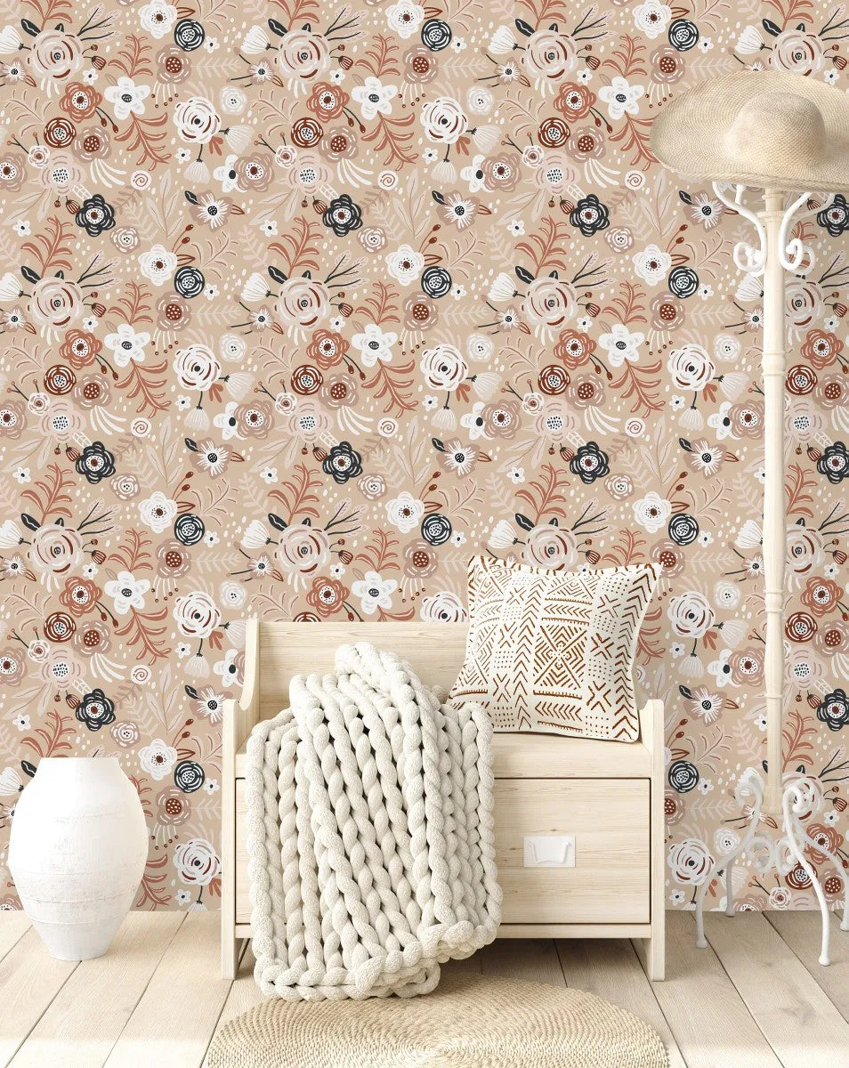 Modish Beige Flowers Wallpaper Vogue