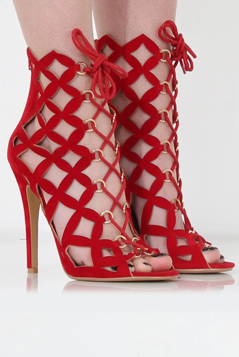 Nikki Red Suede Caged Heels