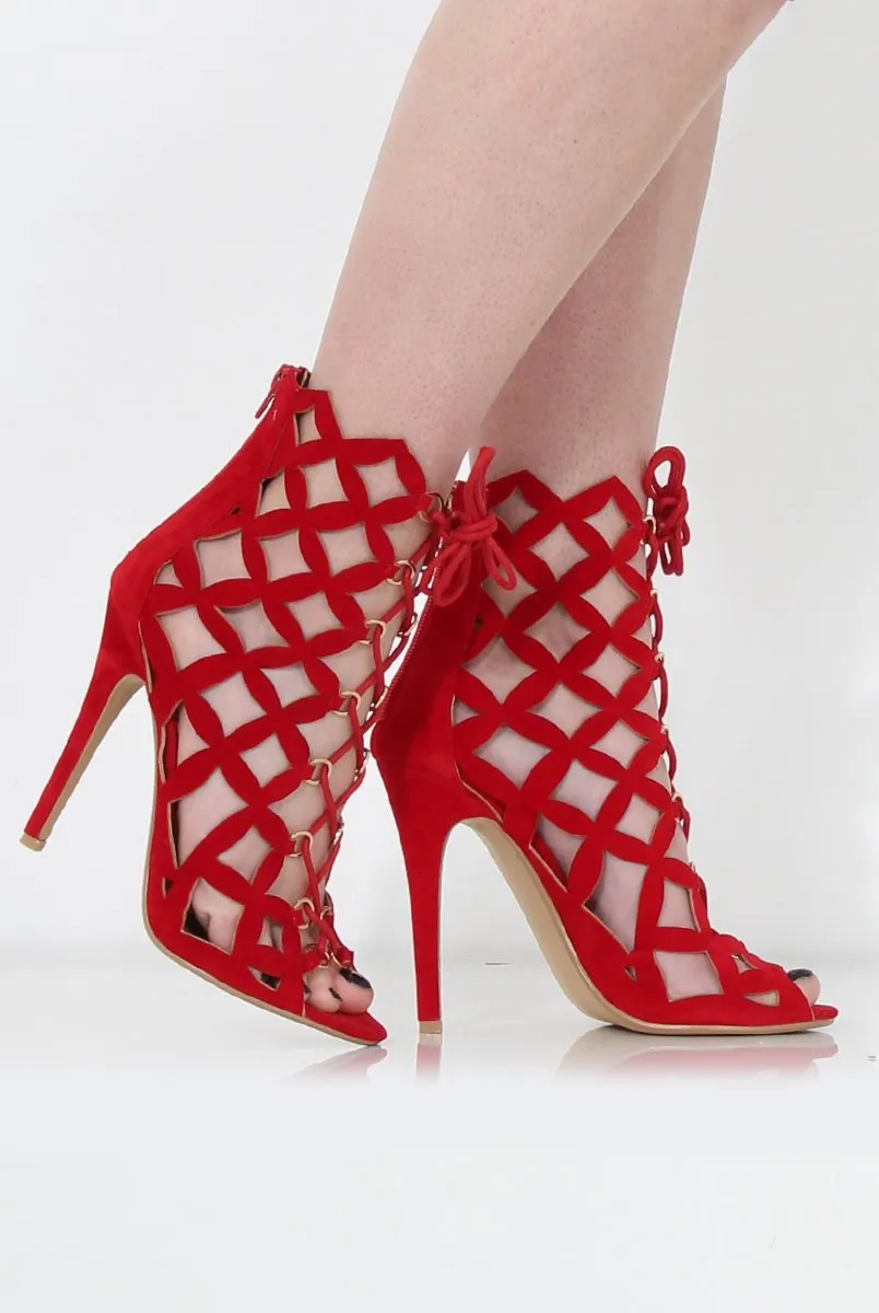 Nikki Red Suede Caged Heels