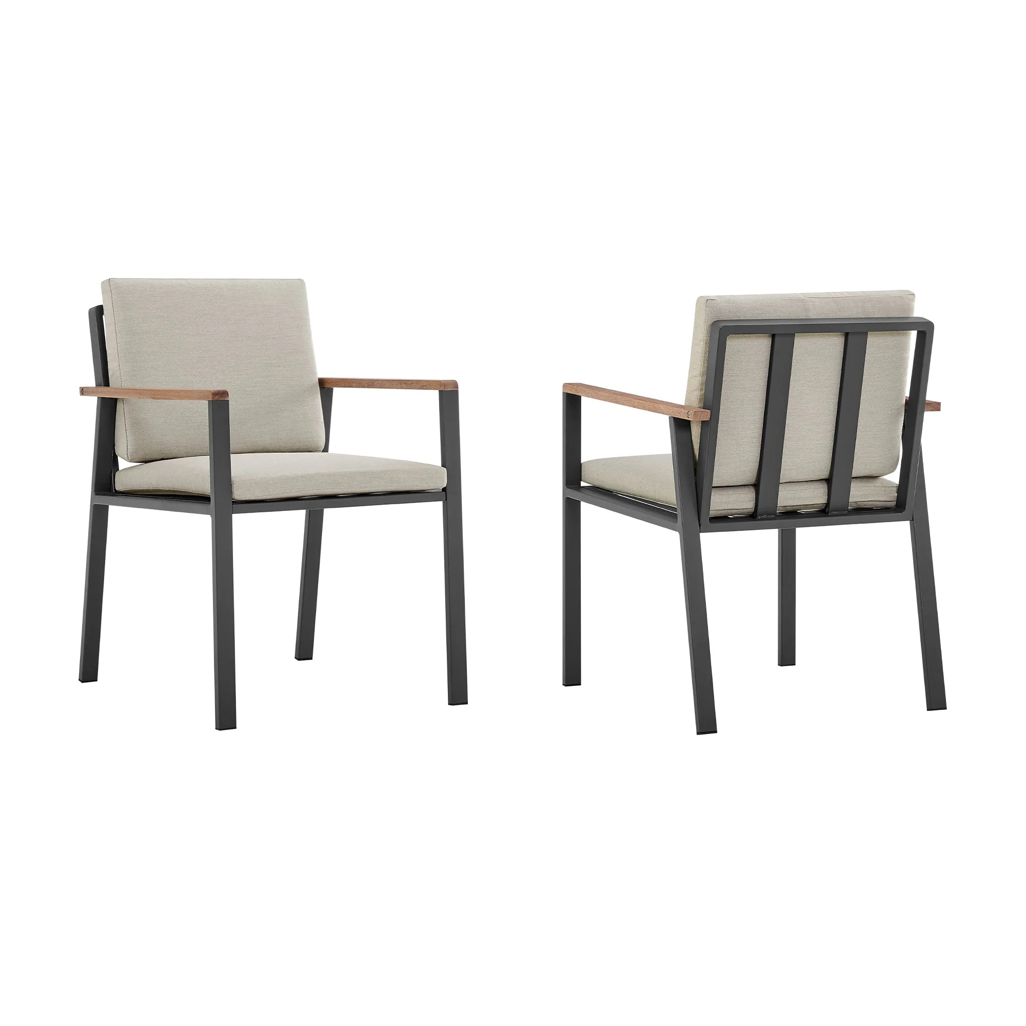 Nofi Outdoor Patio Dining Chair in Charcoal Finish with Taupe Cushions and Teak Wood Accent Arms  - Set of 2