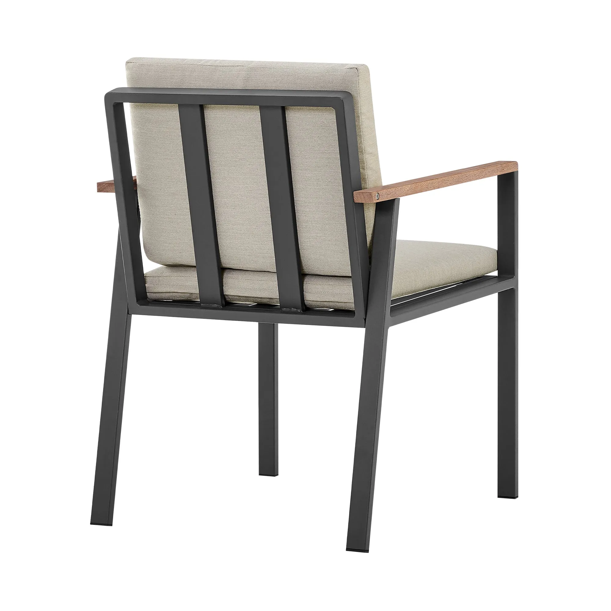 Nofi Outdoor Patio Dining Chair in Charcoal Finish with Taupe Cushions and Teak Wood Accent Arms  - Set of 2