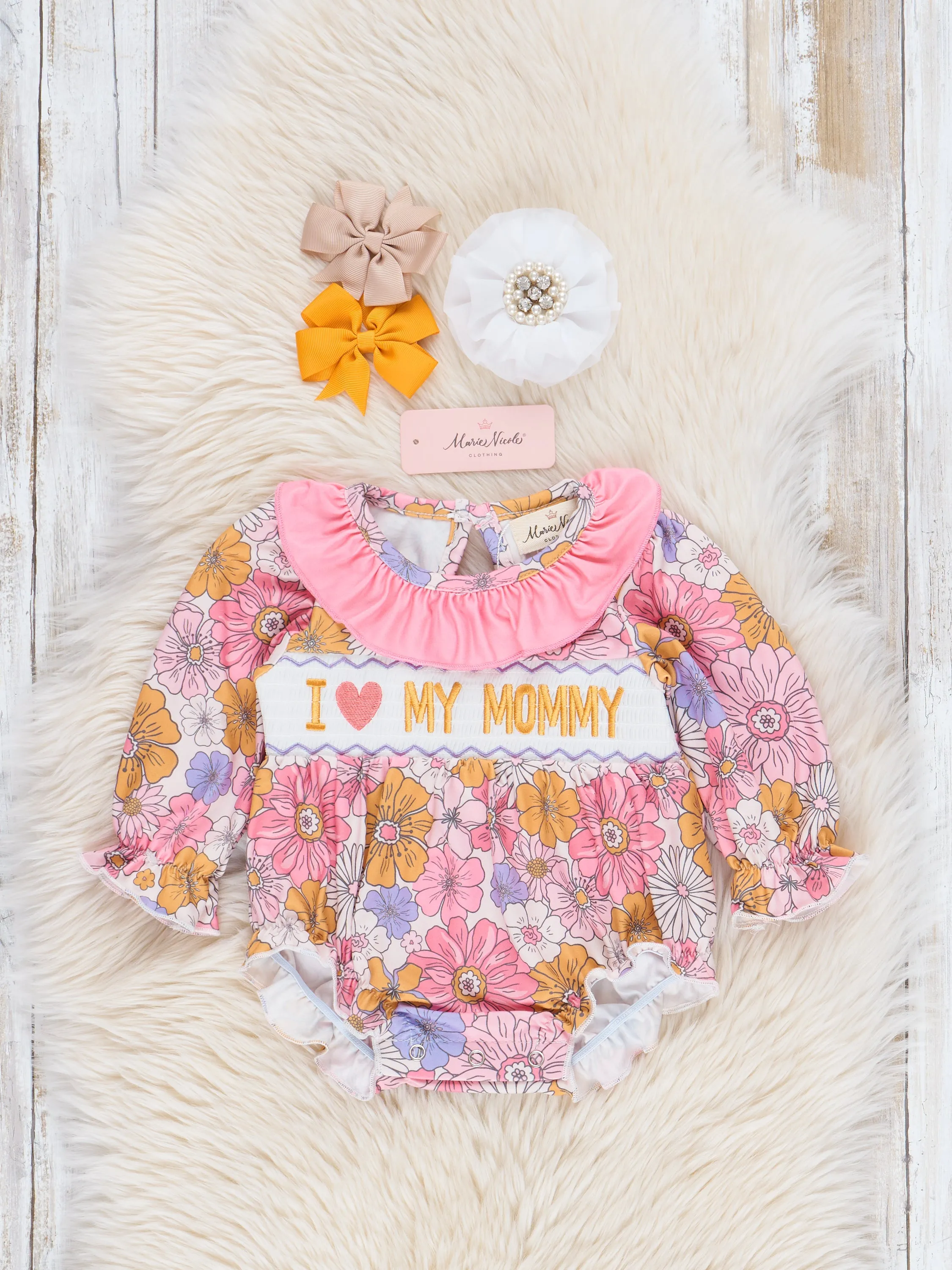 Pink & Purple Marigolds Smocked Mommy Love Ruffle Bubble