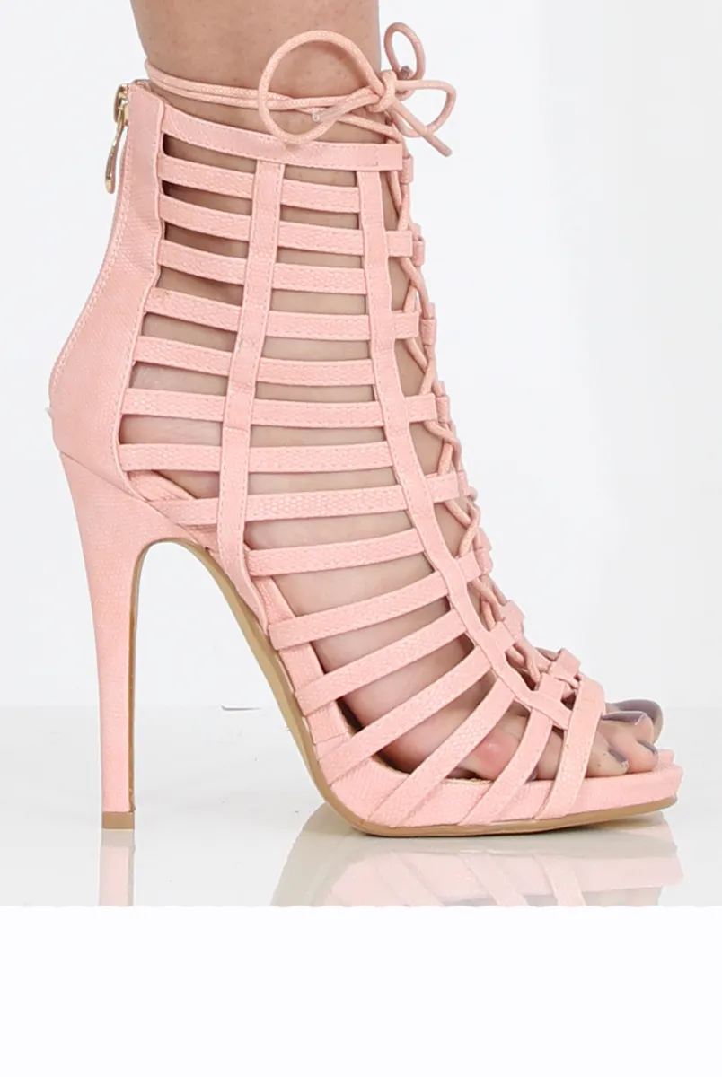 Pink Caged Lace Up Heels - Jane