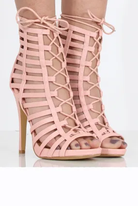 Pink Caged Lace Up Heels - Jane