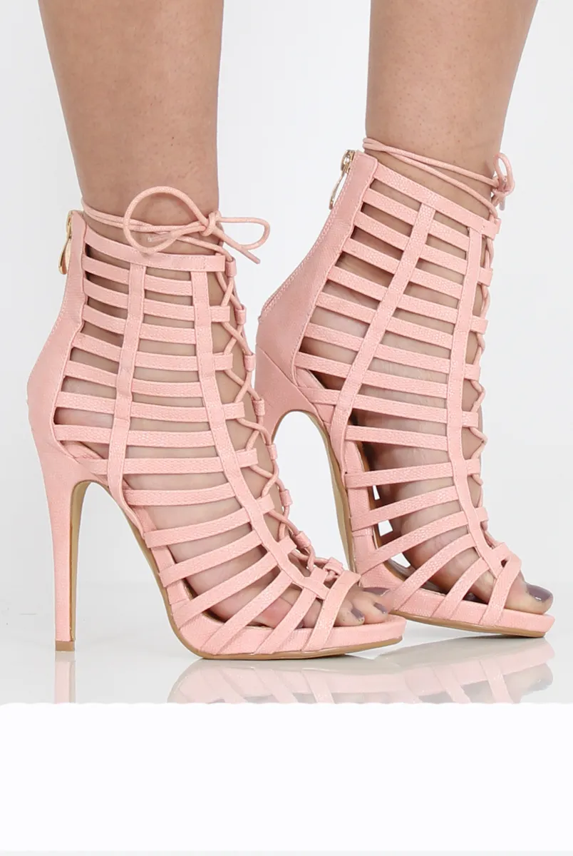 Pink Caged Lace Up Heels - Jane