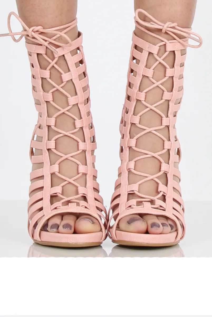 Pink Caged Lace Up Heels - Jane