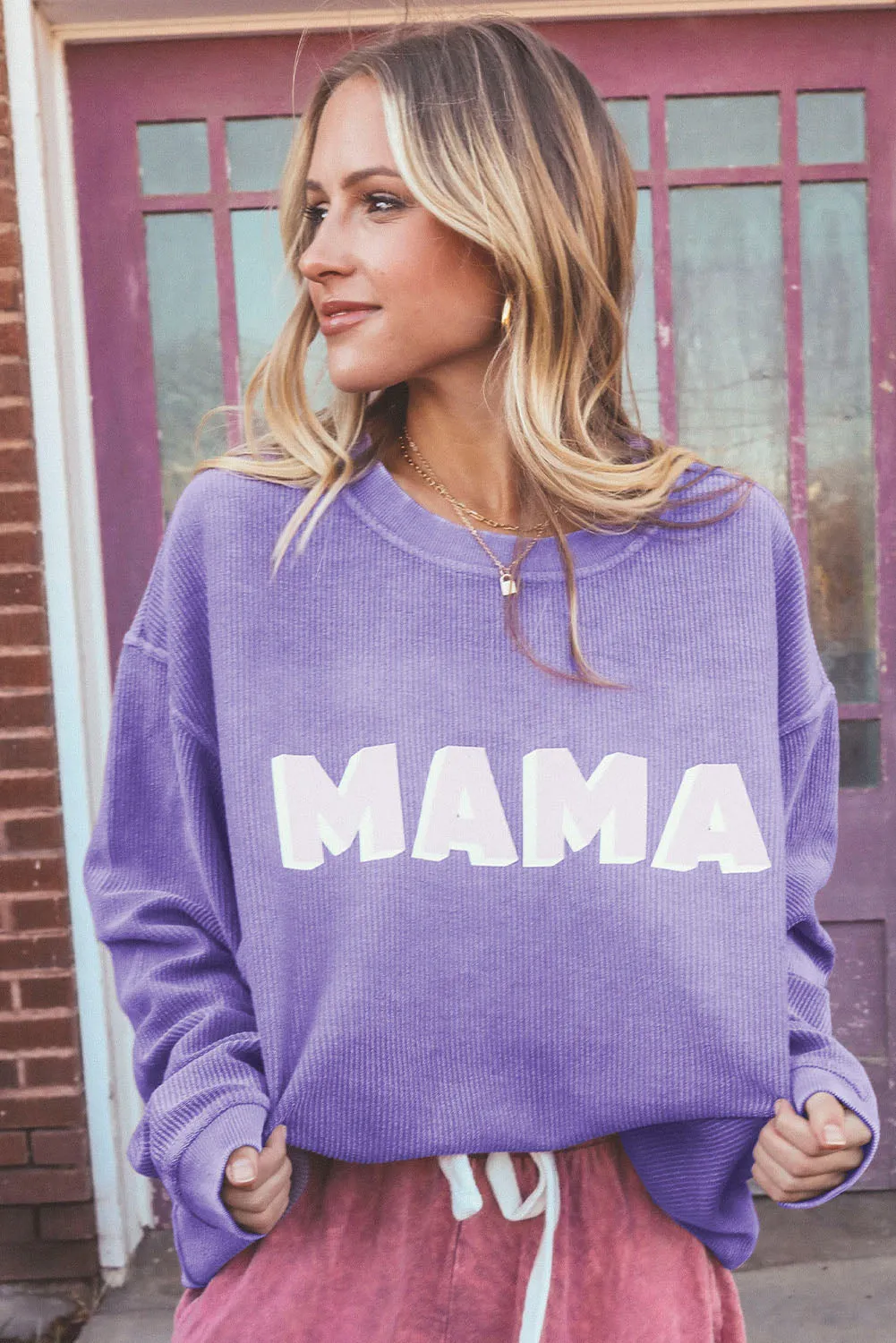 Purple MAMA Ribbed Crew Neck Pullover Sweatshirt