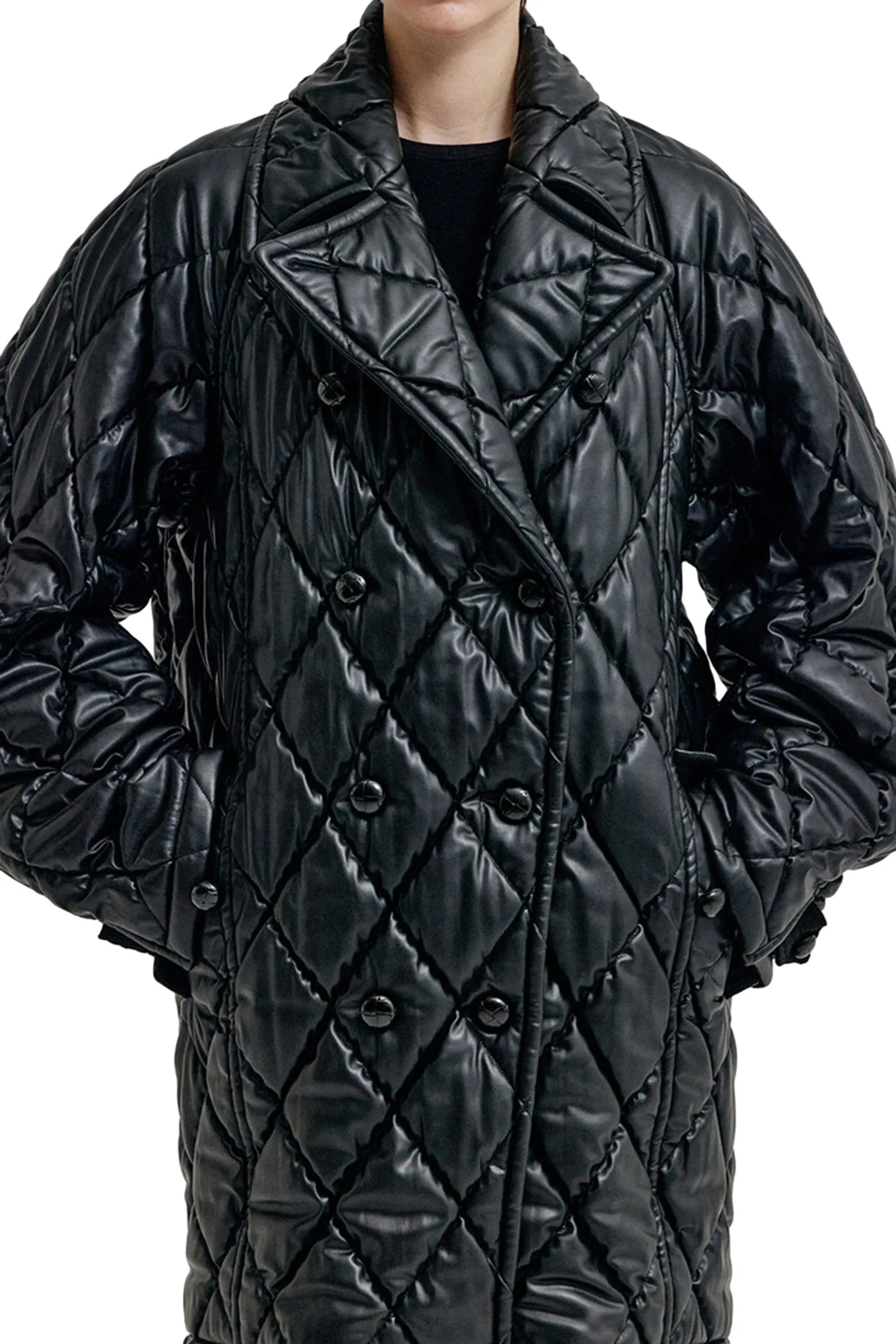 QUILTED PEA COAT / BLK