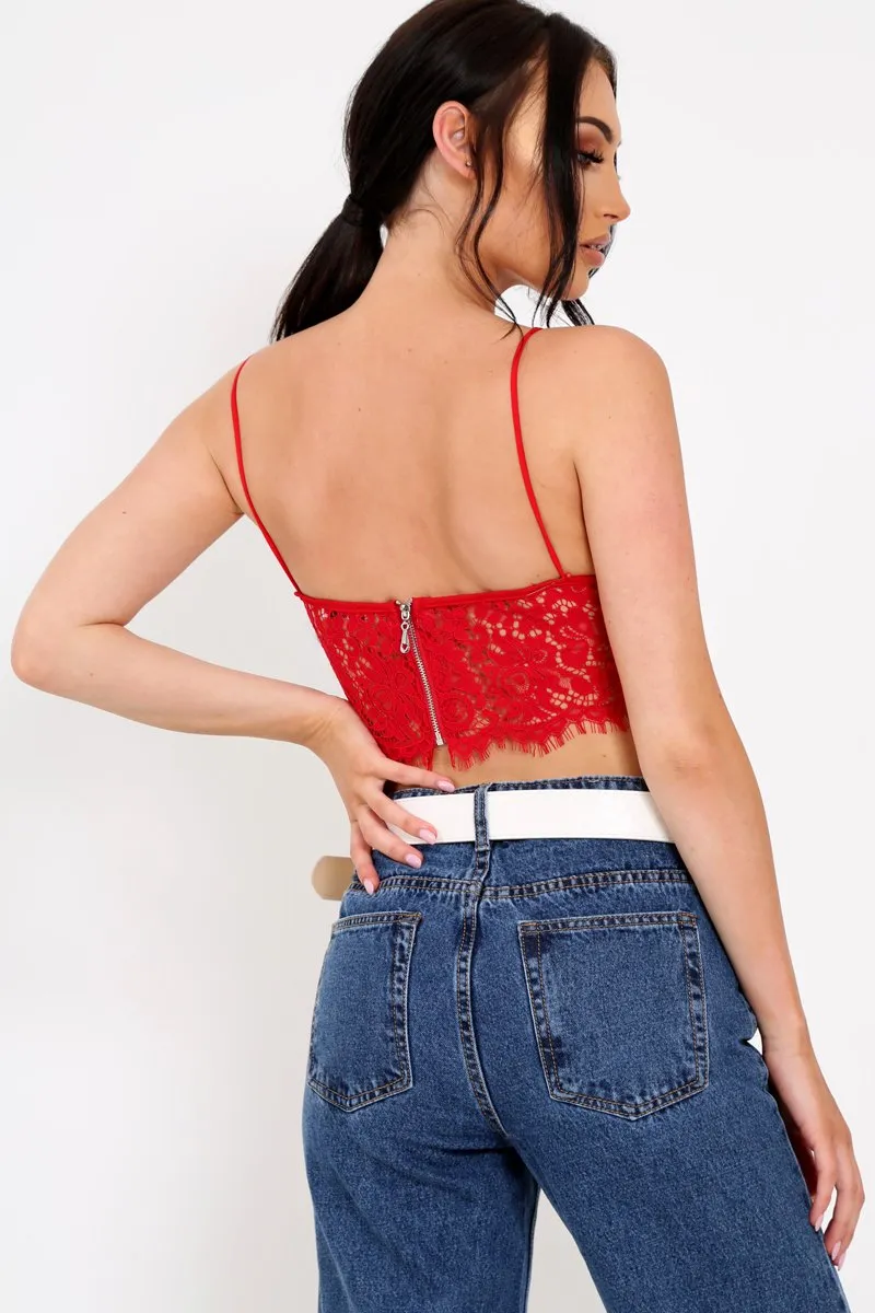 Red  Lace Cami Strap Crop Top - Lesta