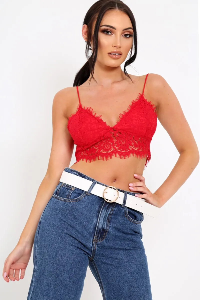 Red  Lace Cami Strap Crop Top - Lesta