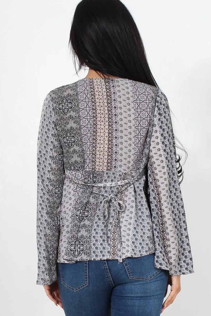 Salina Grey Paisley Bell Sleeve Top