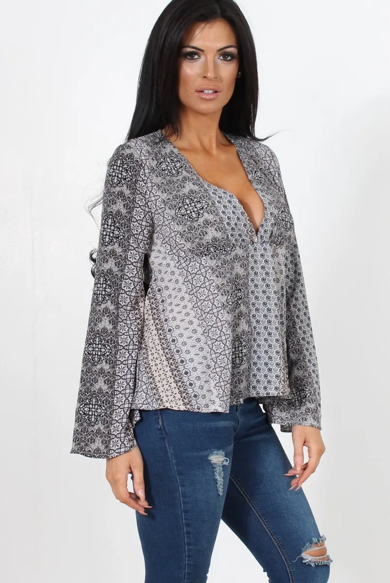 Salina Grey Paisley Bell Sleeve Top