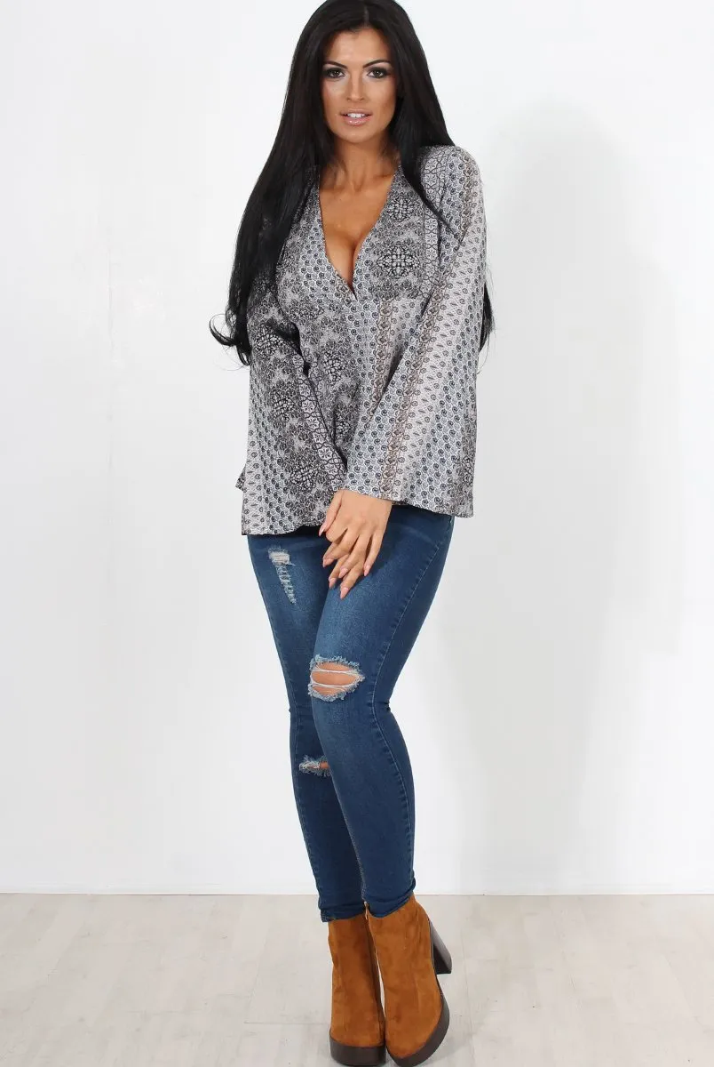 Salina Grey Paisley Bell Sleeve Top