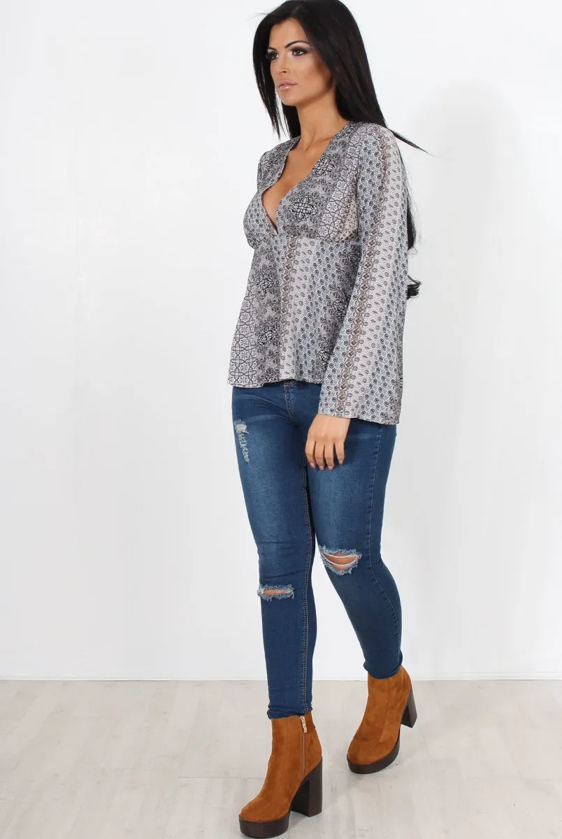 Salina Grey Paisley Bell Sleeve Top