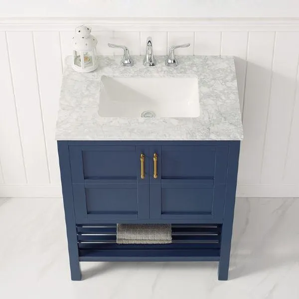 Vinnova Florence 30 Transitional Royal Blue Single Sink Vanity w/ Carrara Marble Countertop