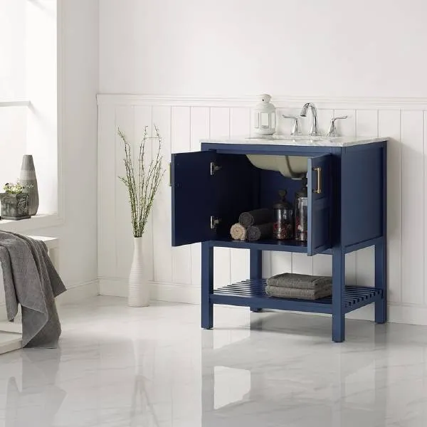 Vinnova Florence 30 Transitional Royal Blue Single Sink Vanity w/ Carrara Marble Countertop