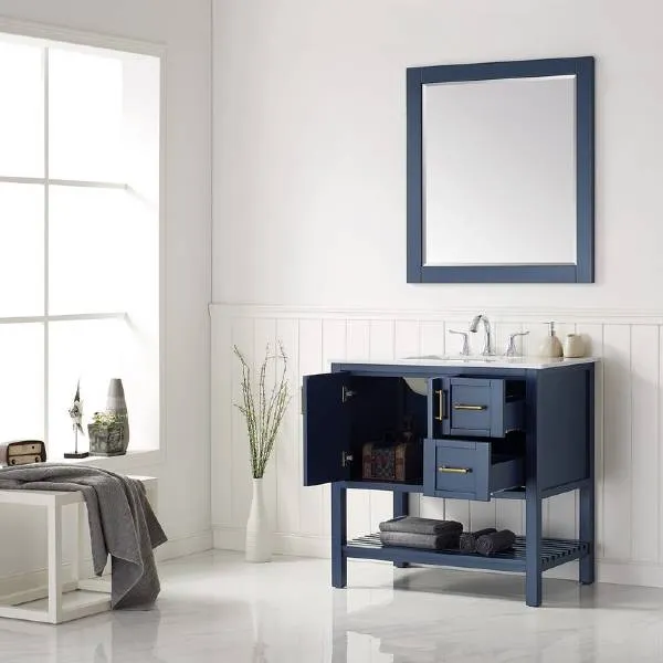 Vinnova Florence 36 Royal Blue Single Sink Vanity Set w/ Carrara White Marble Countertop