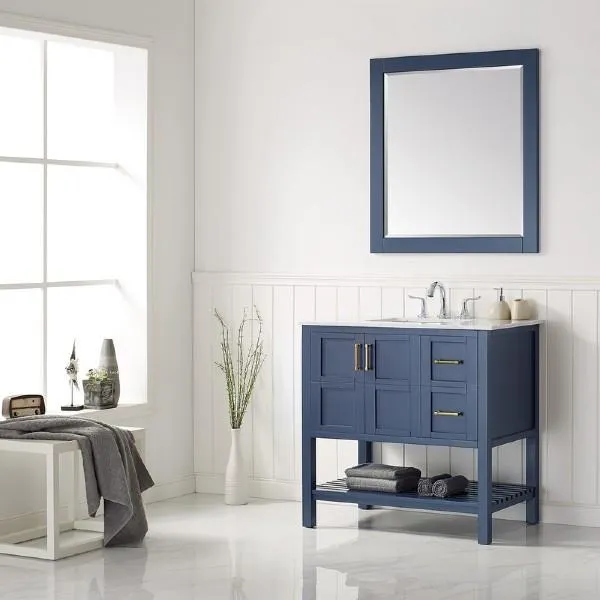 Vinnova Florence 36 Royal Blue Single Sink Vanity Set w/ Carrara White Marble Countertop