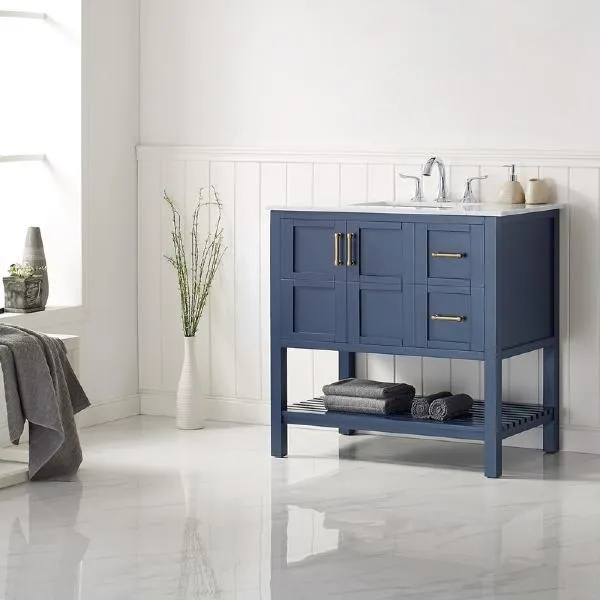 Vinnova Florence 36 Transitional Royal Blue Single Sink Vanity w/ Carrara Marble Countertop