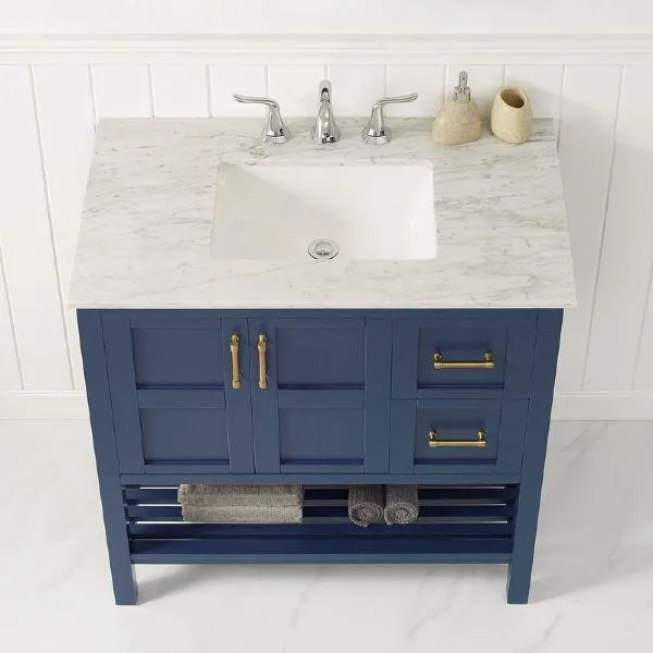 Vinnova Florence 36 Transitional Royal Blue Single Sink Vanity w/ Carrara Marble Countertop