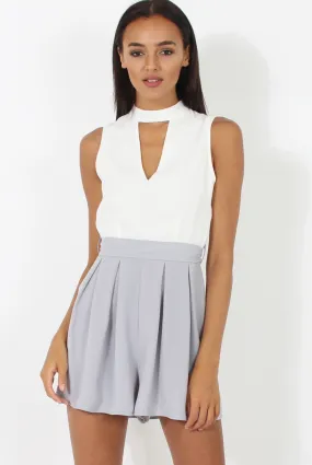 White and Grey High Neck Playsuit - Linda