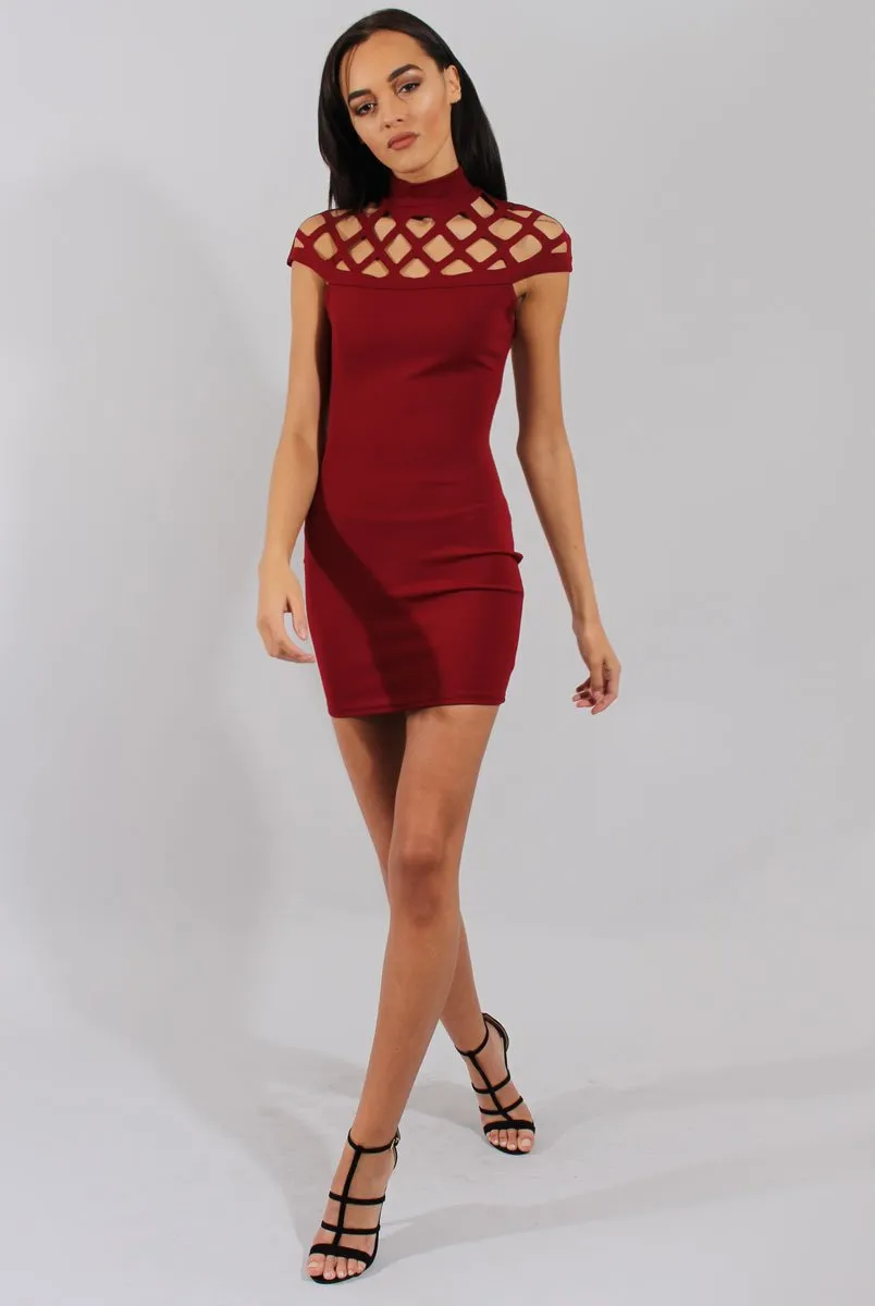 Wine Cage High Neck Bodycon Dress- Kade