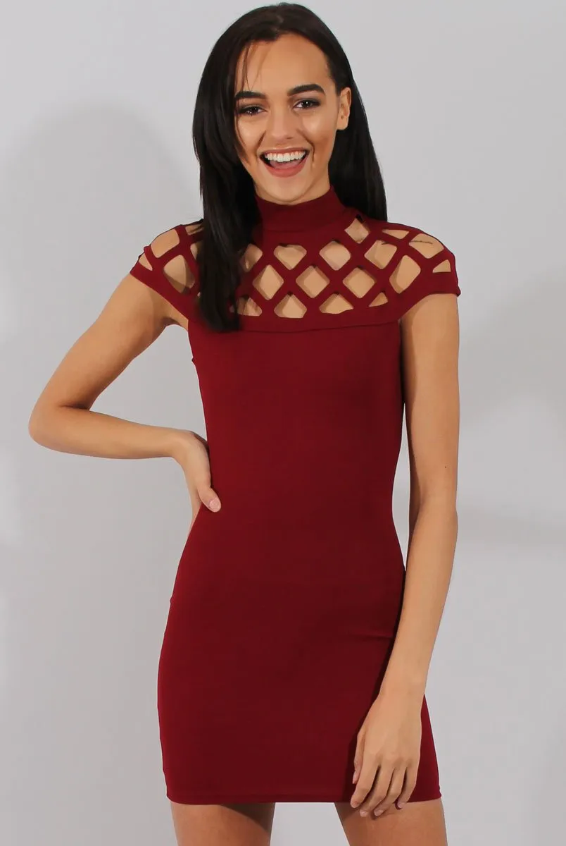 Wine Cage High Neck Bodycon Dress- Kade